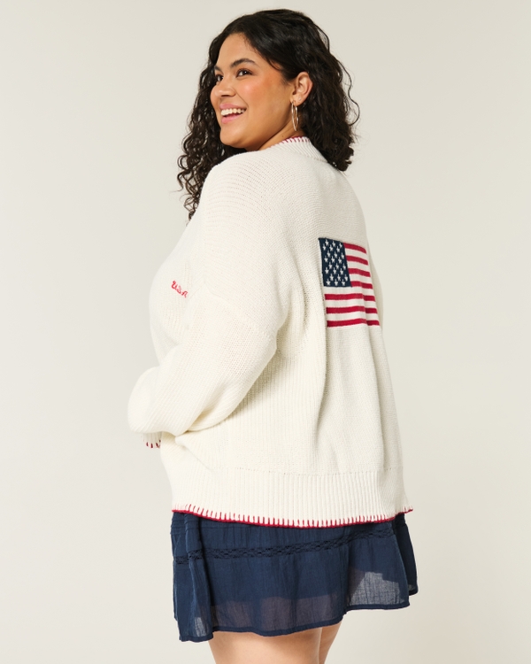 Easy American Flag Graphic No-Close Cardigan, Cloud White view 1