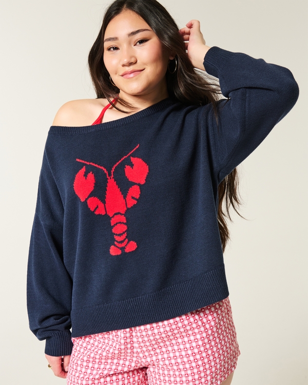 Easy Off-the-Shoulder Lobster Graphic Sweater, Navy Blue view 1