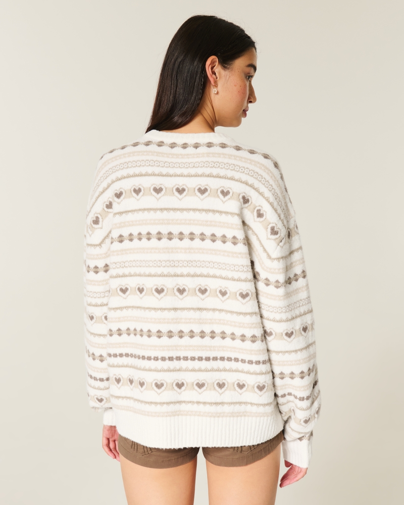 Oversized Heart Pattern Crew Sweater
