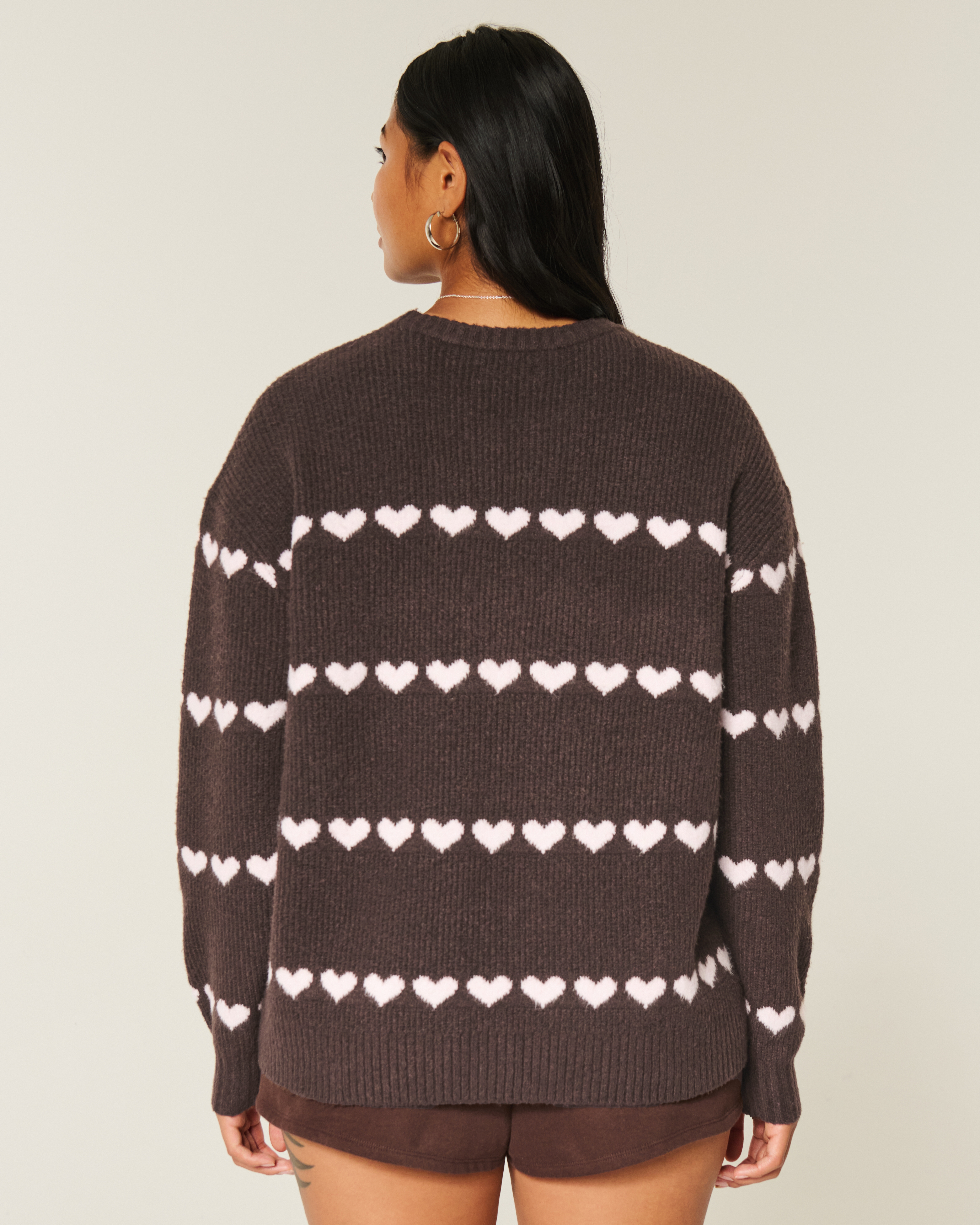 Oversized Heart Pattern Crew Sweater