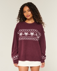 Oversized Heart Pattern Crew Sweater