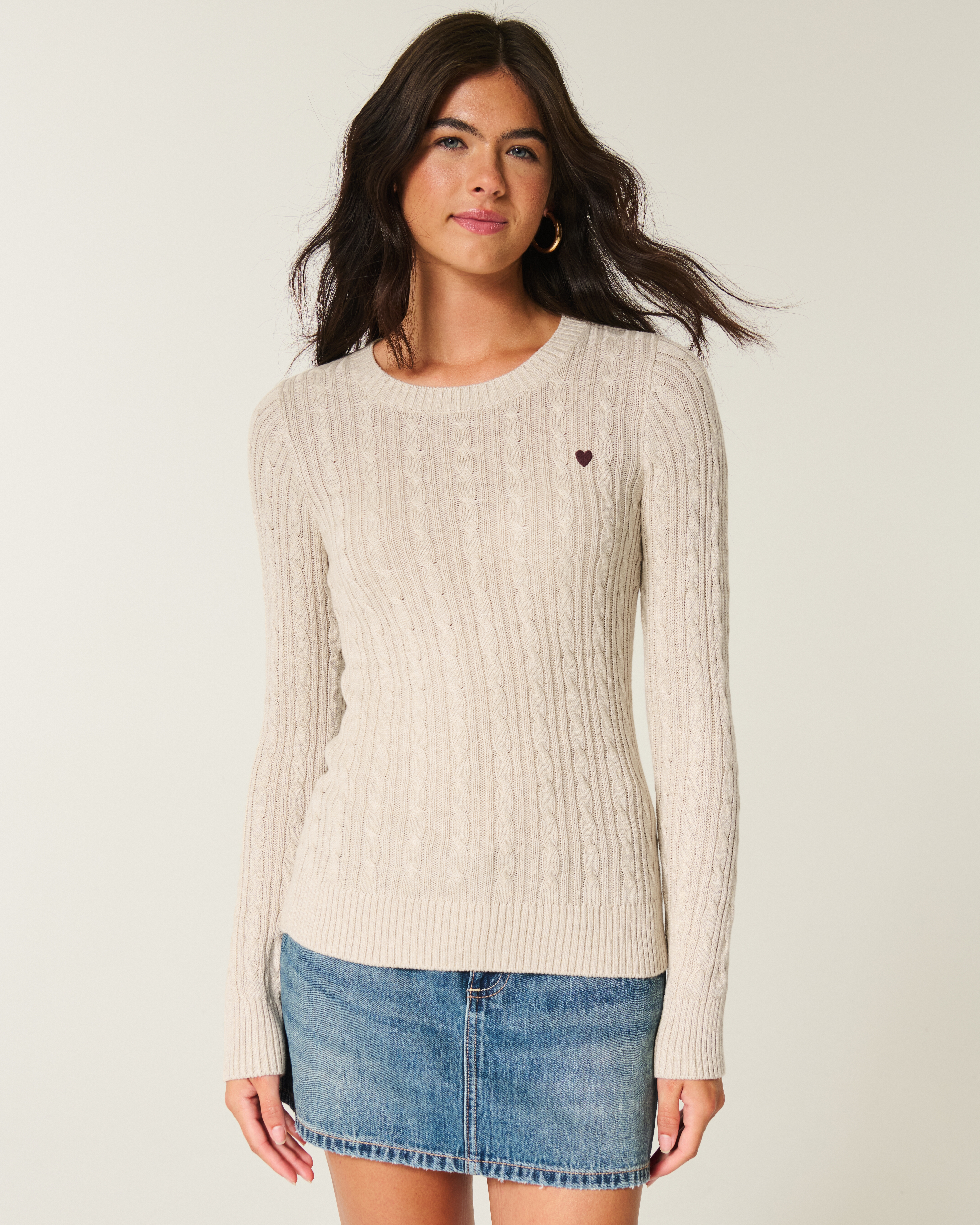 Cable-Knit Heart Crew Sweater