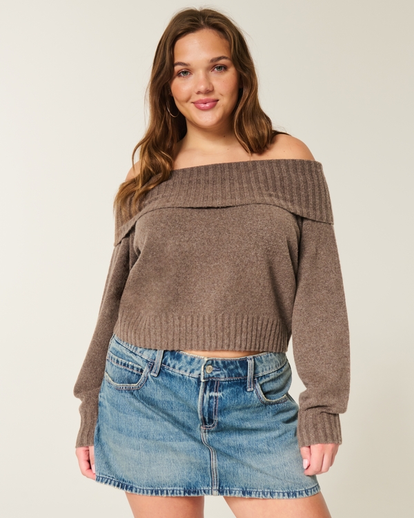 Hollister Comfy Cloud Foldover Off-the-Shoulder Sweater, Light Brown view 1