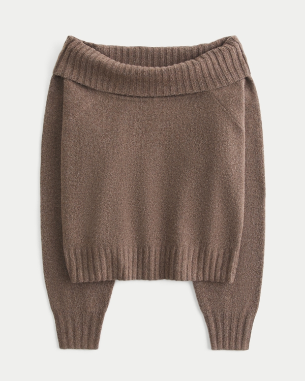 Hollister Comfy Cloud Foldover Off-the-Shoulder Sweater, Light Brown view 1