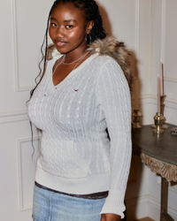 Women's Faux Fur Trim Hooded Cable-Knit Sweater | Women's Tops