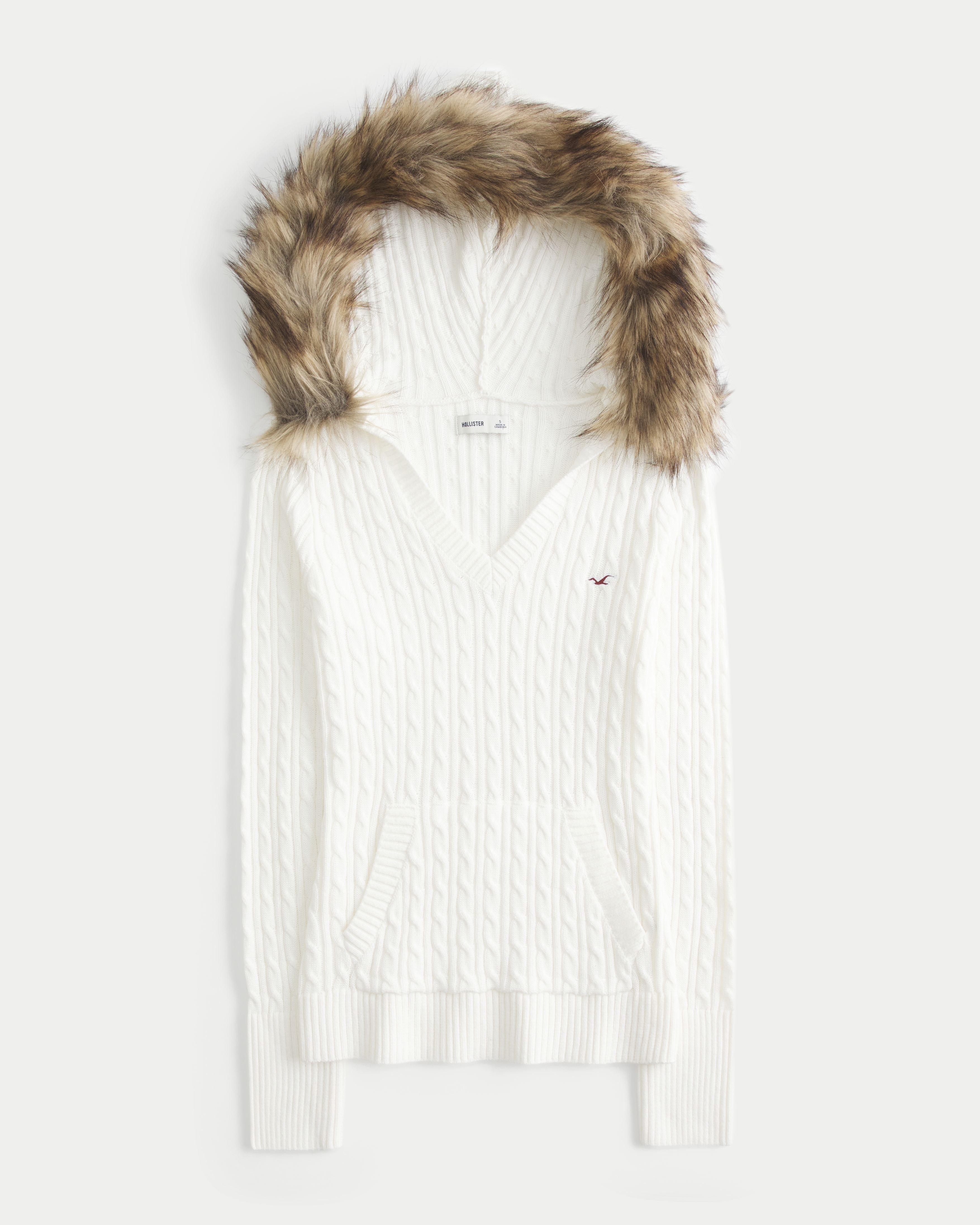 Faux Fur Trim Hooded Cable-Knit Sweater