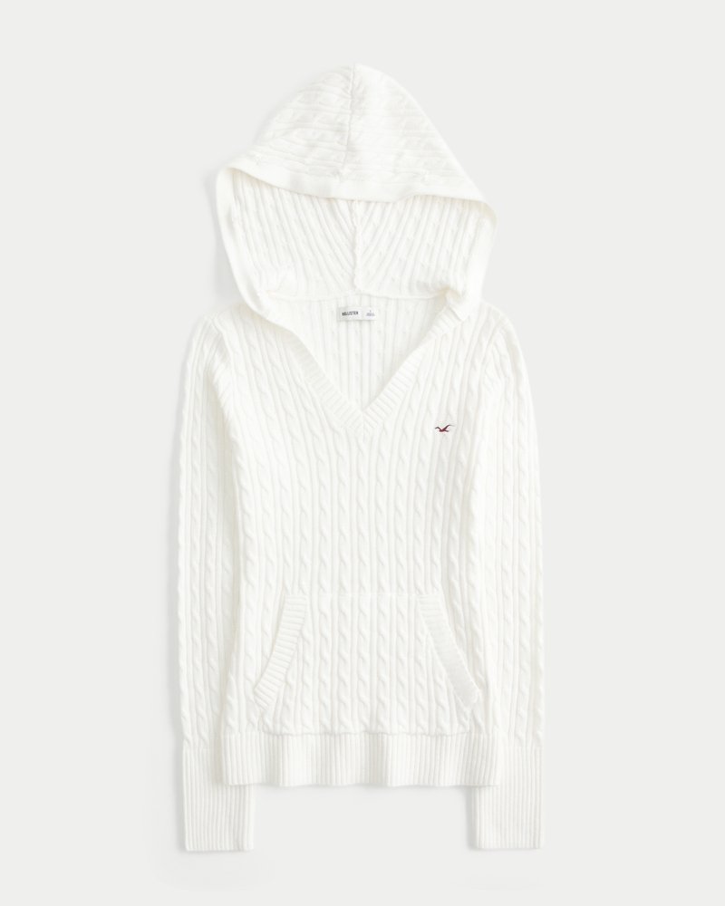 Faux Fur Trim Hooded Cable-Knit Sweater