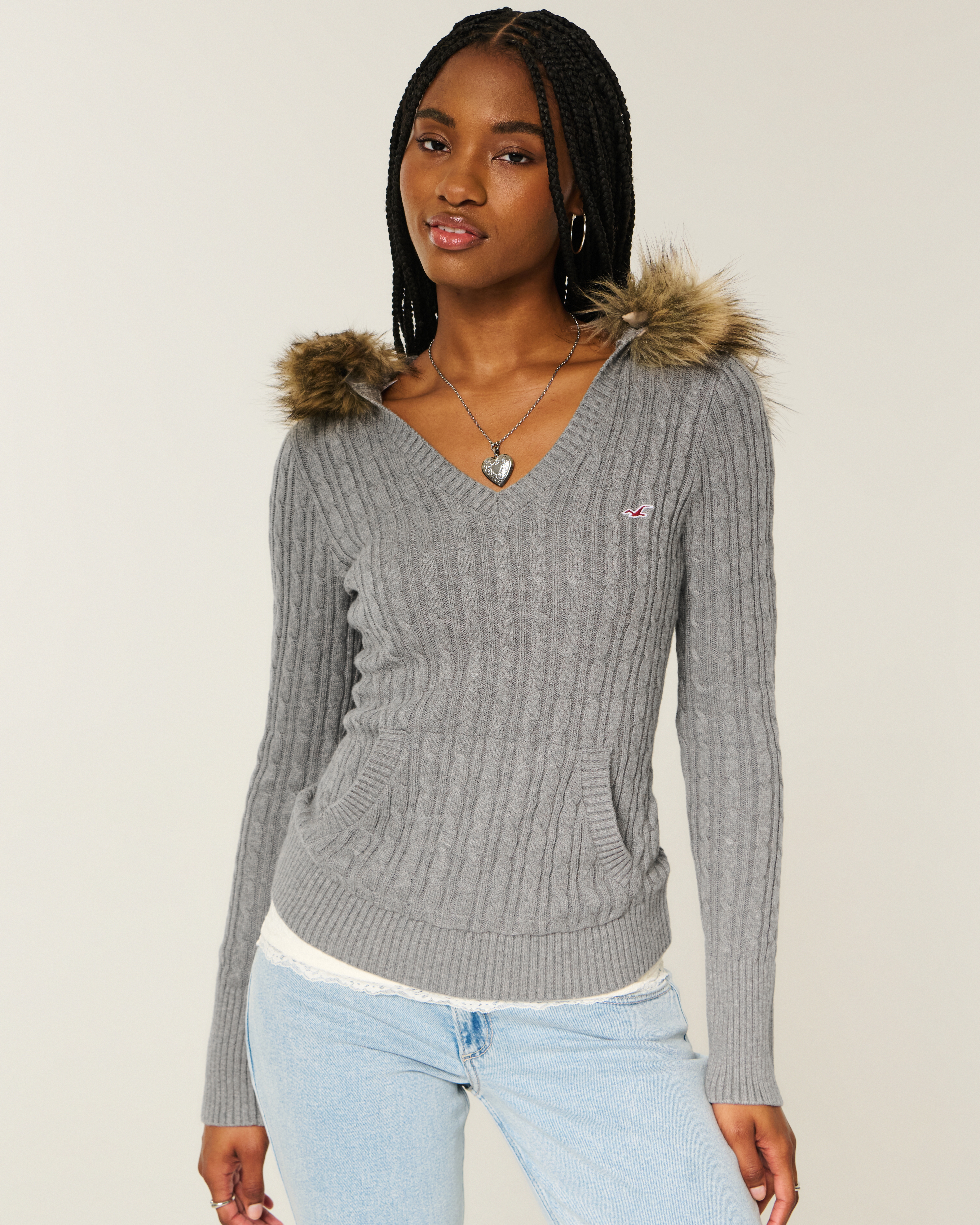 Faux Fur Trim Hooded Cable-Knit Sweater