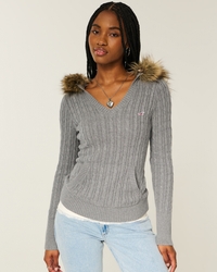 Faux Fur Trim Hooded Cable-Knit Sweater