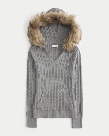Hollister Faux Fur Trim Hooded Cable-Knit Sweater