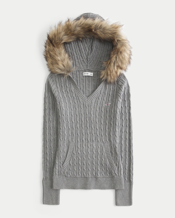 Faux Fur Trim Hooded Cable-Knit Sweater