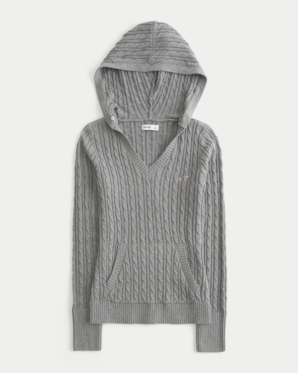 Faux Fur Trim Hooded Cable-Knit Sweater