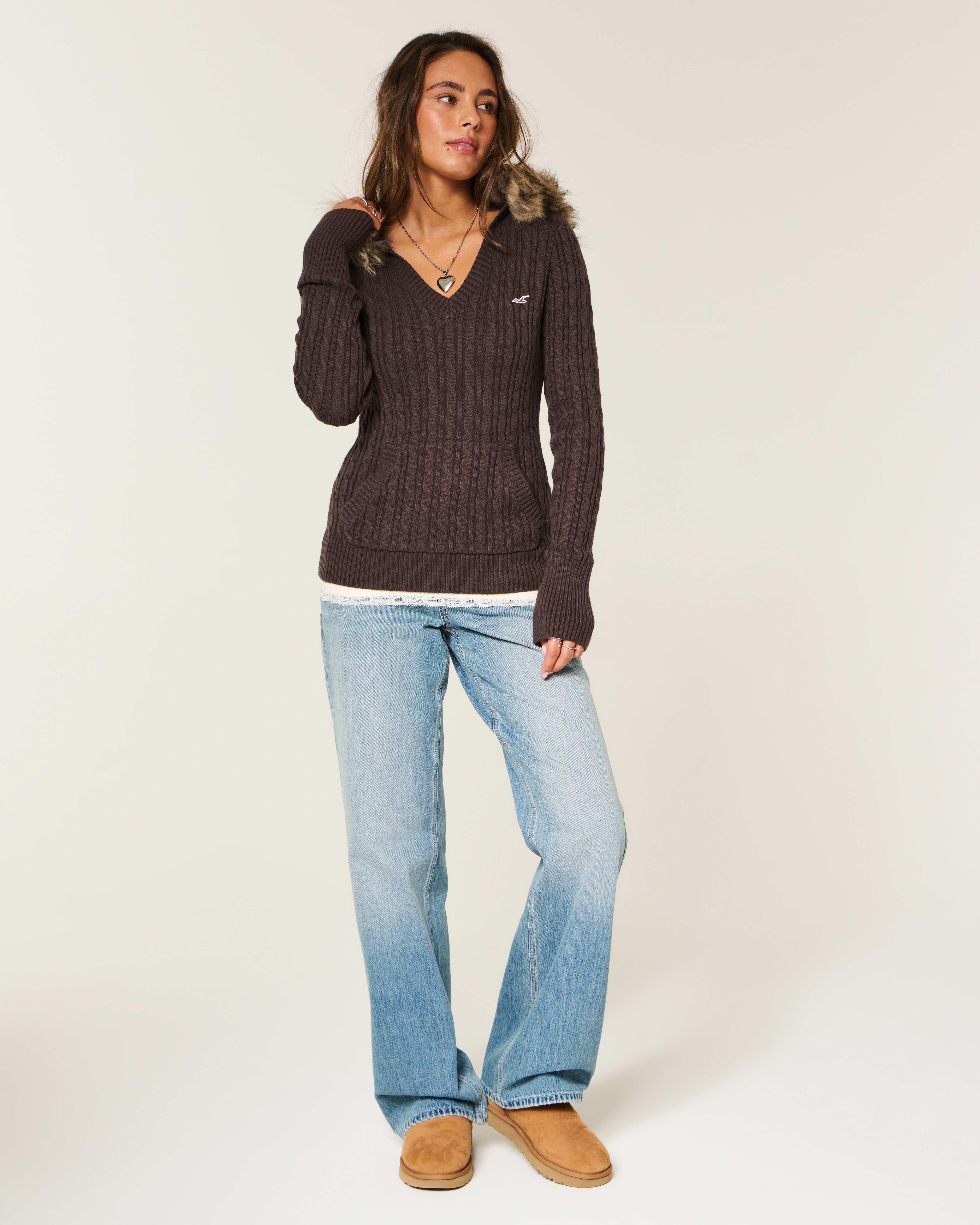 Faux Fur Trim Hooded Cable-Knit Sweater