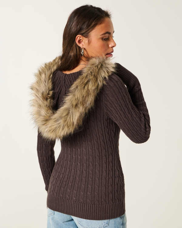 Faux Fur Trim Hooded Cable-Knit Sweater