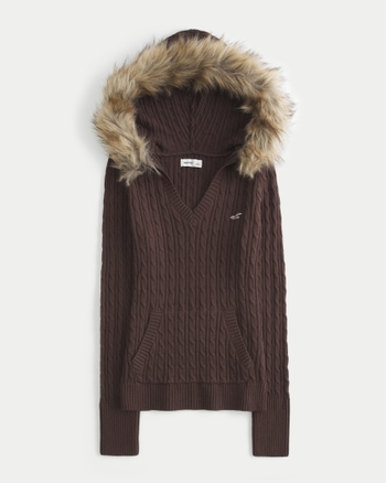 Hollister Faux Fur Trim Hooded Cable-Knit Sweater