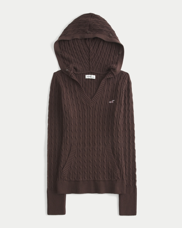 Faux Fur Trim Hooded Cable-Knit Sweater