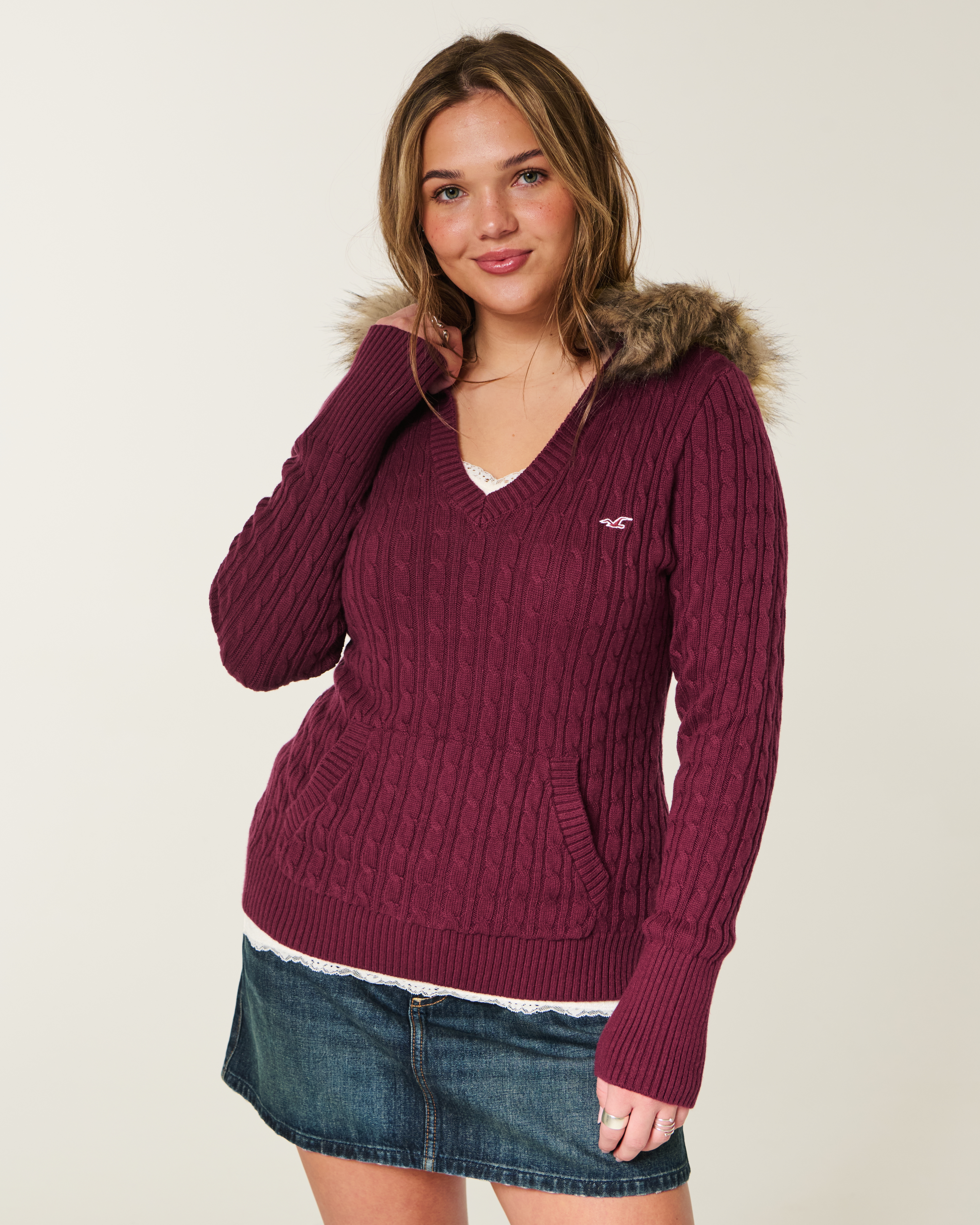Faux Fur Trim Hooded Cable-Knit Sweater