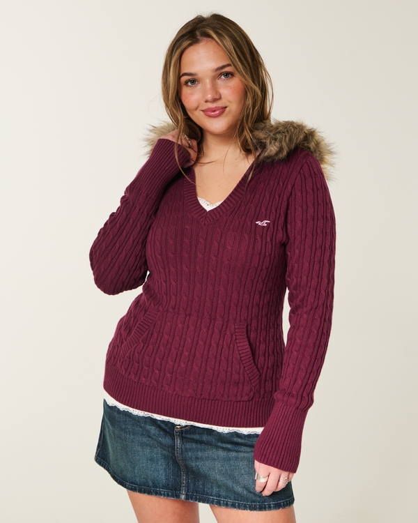 Faux Fur Trim Hooded Cable-Knit Sweater, Mulberry view 1