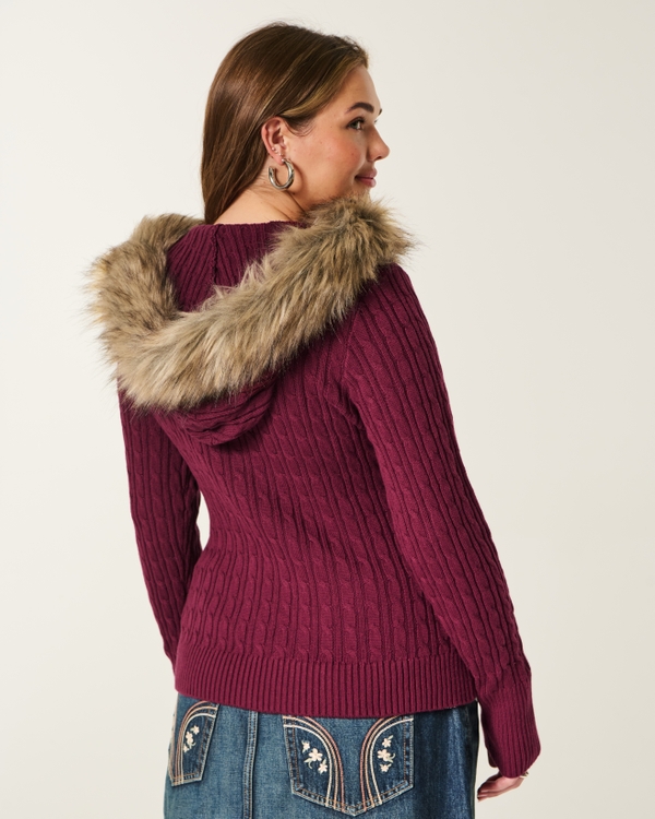 【マークアンドロナ】24年製　Cristina Glam Fur Sweater Women's Faux Fur Trim Hooded Cable-Knit Sweater | Women's Tops