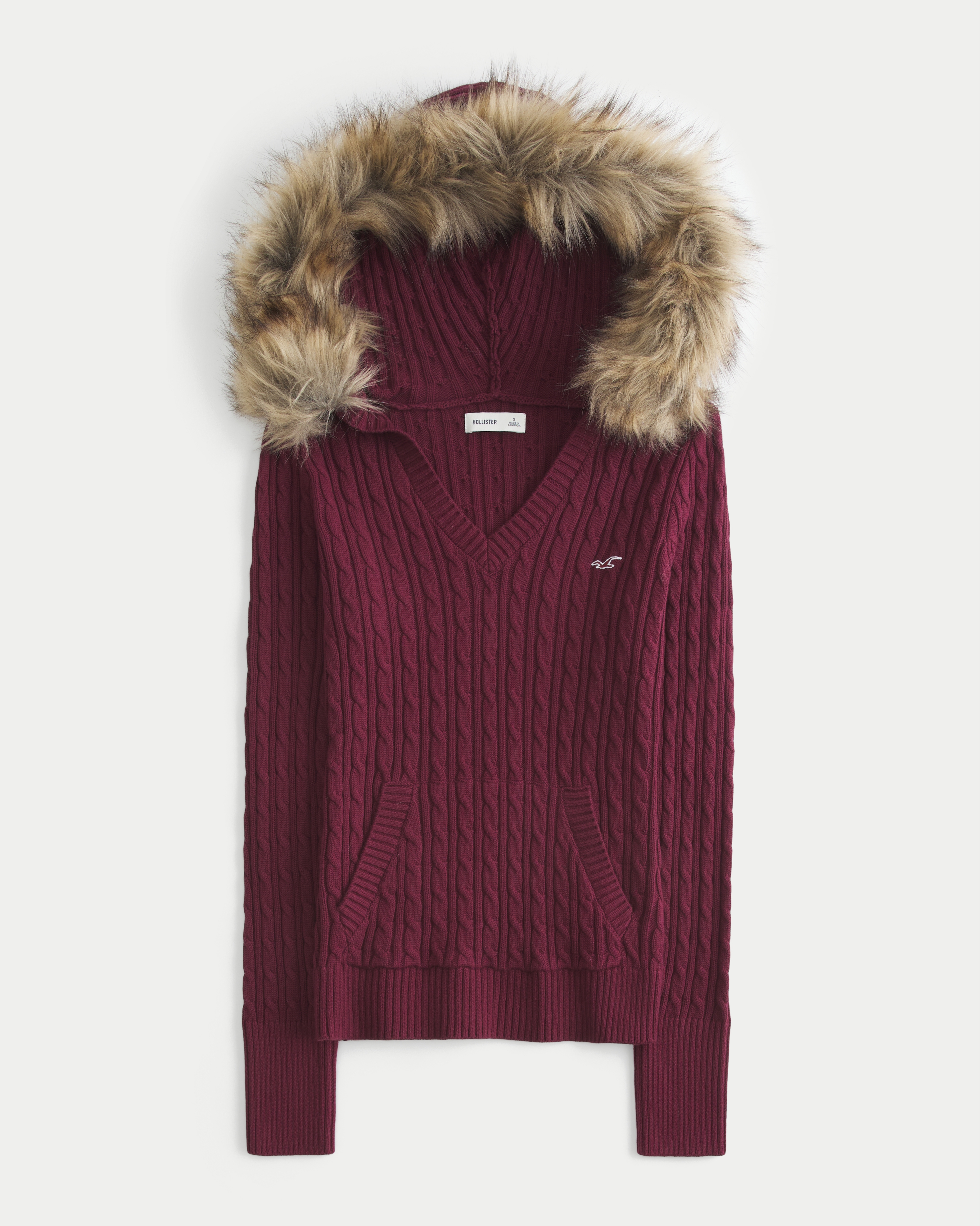 Faux Fur Trim Hooded Cable-Knit Sweater