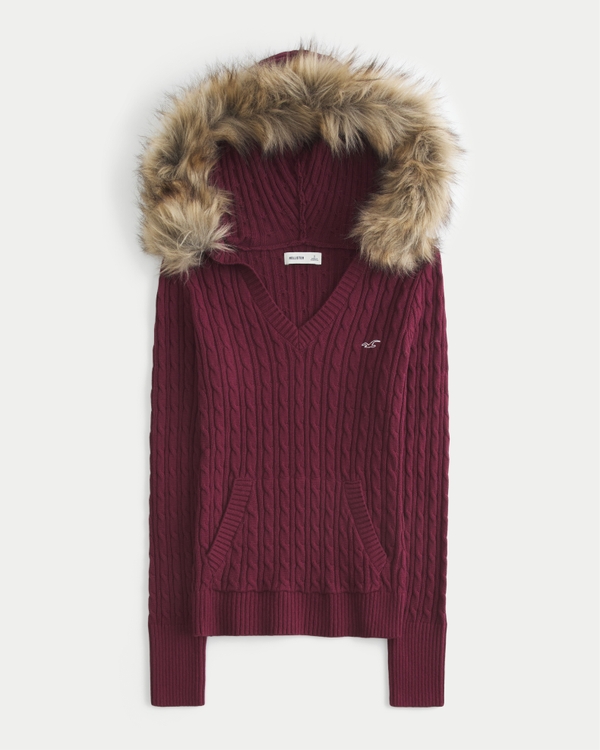 Women's Faux Fur Trim Hooded Cable-Knit Sweater | Women's Tops