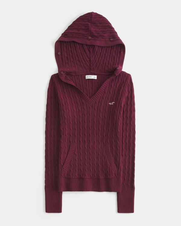 Women's Faux Fur Trim Hooded Cable-Knit Sweater | Women's Tops