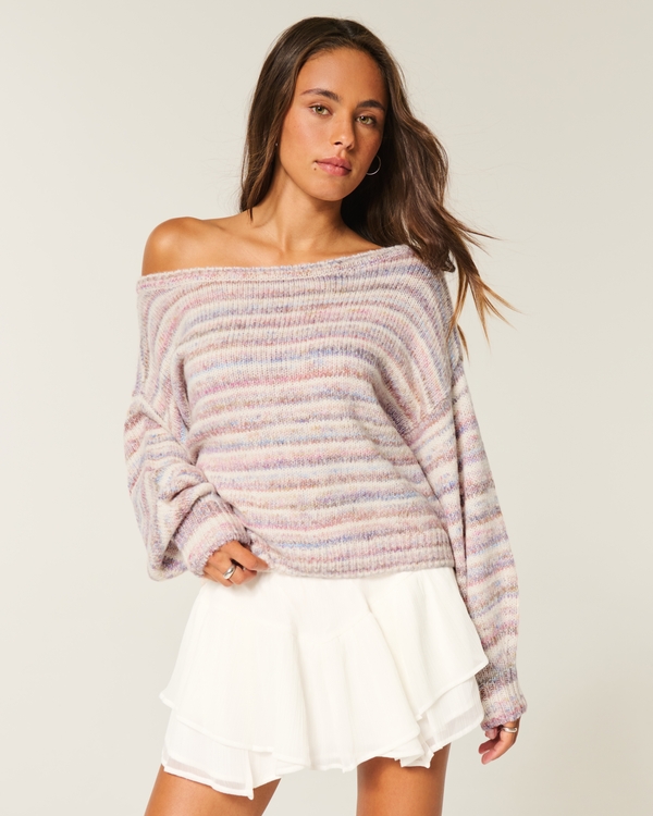 Slouchy Off-the-Shoulder Sweater, Pink Stripe view 1