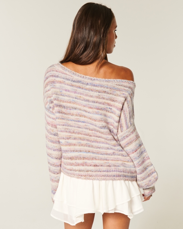 Slouchy Off-the-Shoulder Sweater, Pink Stripe view 2