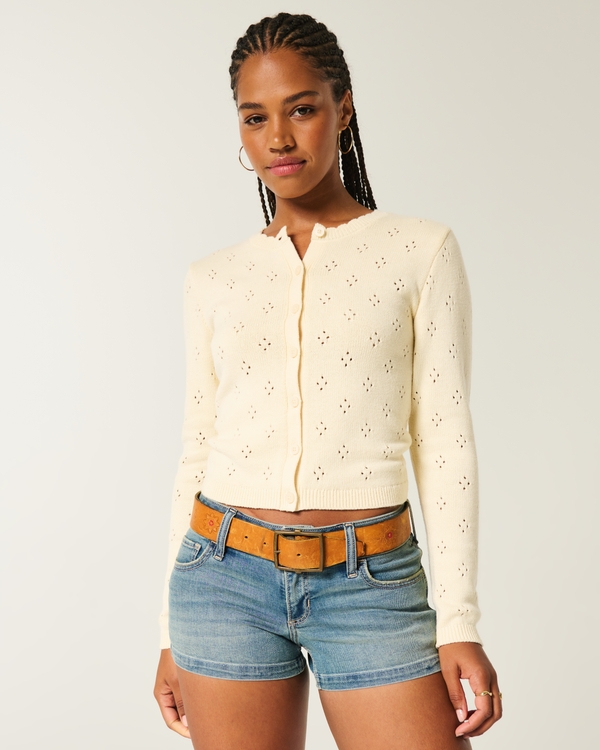 Eyelet Crew Cardigan, Butter Yellow view 1