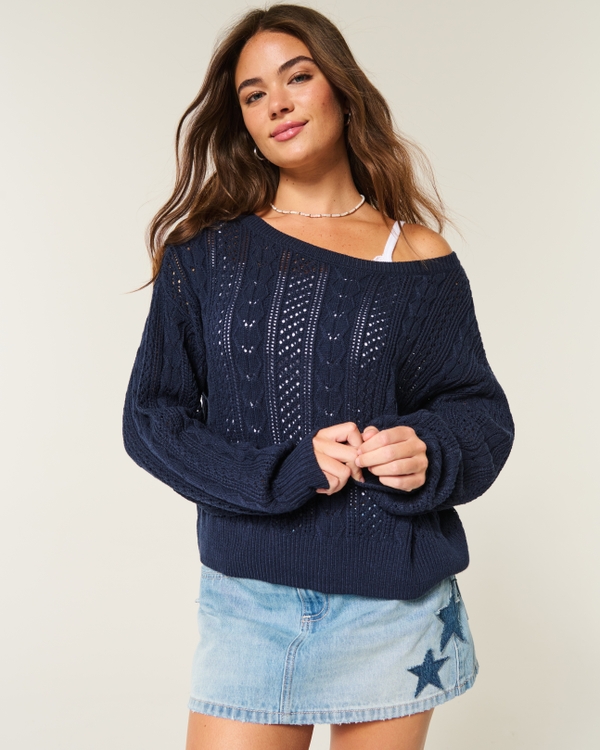 Cable-Knit Sweater, Navy Blue view 1