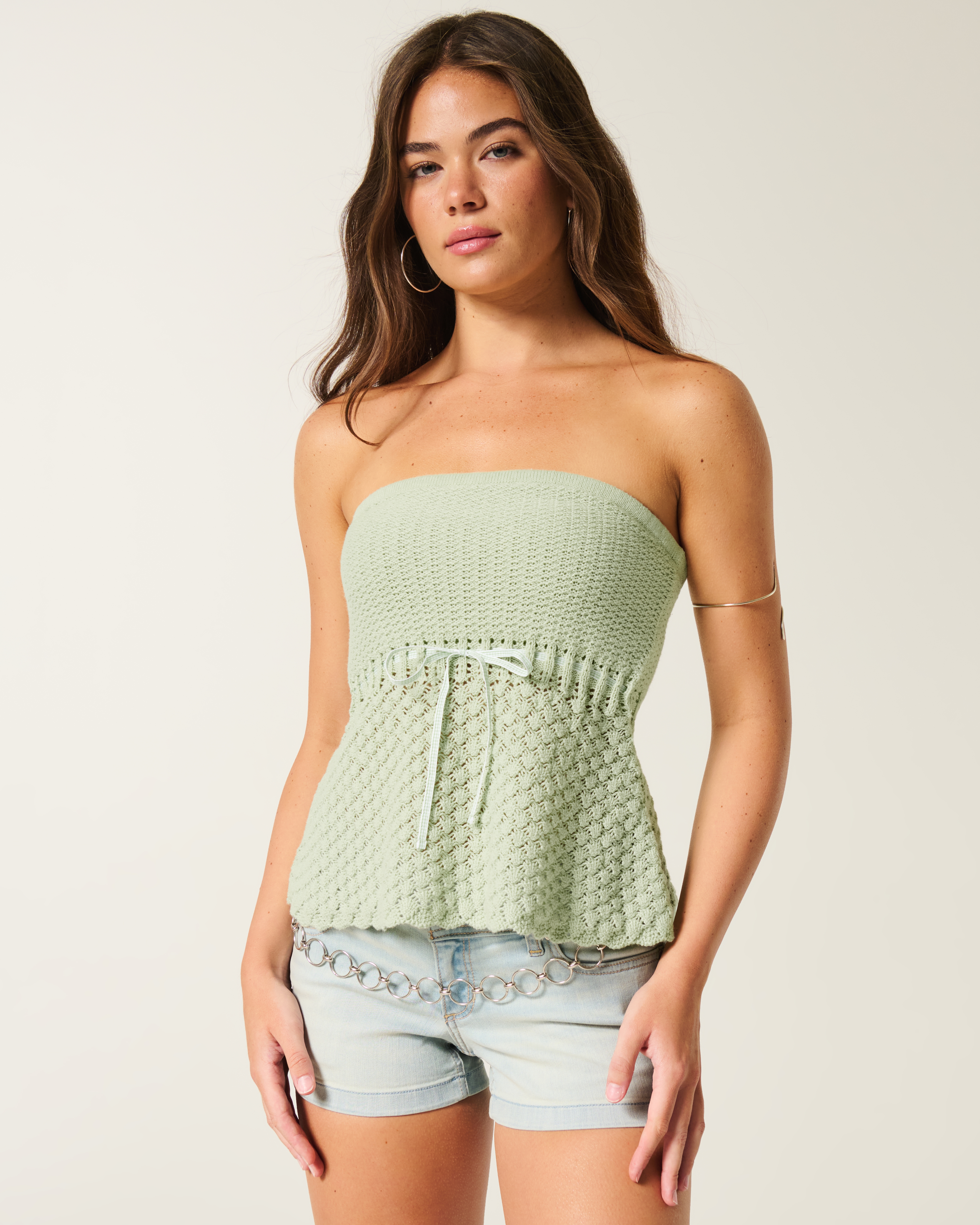 Crochet-Style Strapless Sweater Tube Top