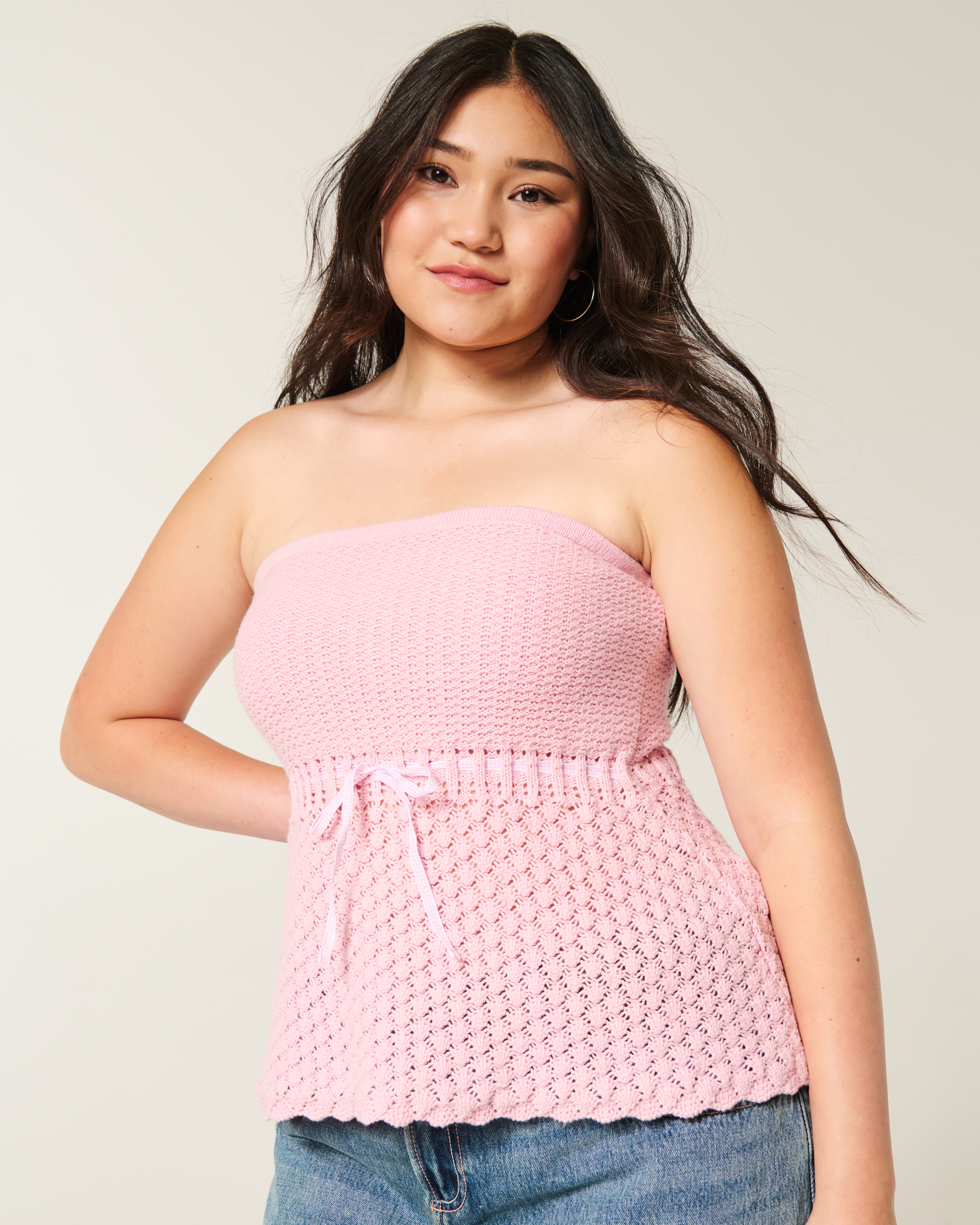 Crochet-Style Strapless Sweater Tube Top