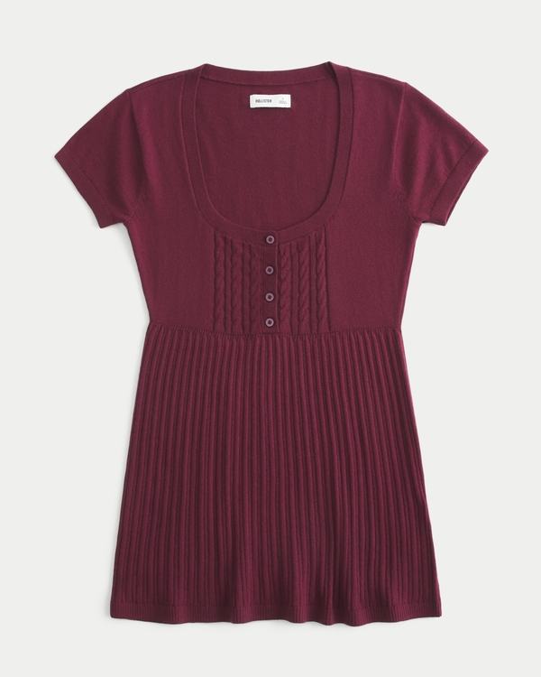 Short-Sleeve Henley Babydoll Top, Mulberry view 1