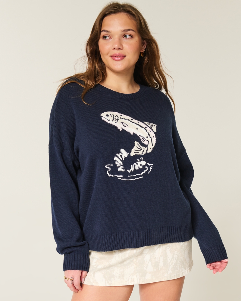 Women's Easy Jumping Fish Graphic Crew Sweater Women's Clearance