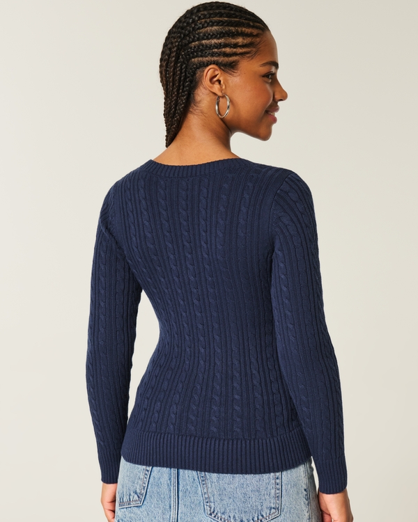 Cable-Knit Icon V-Neck Sweater, Navy Blue view 2
