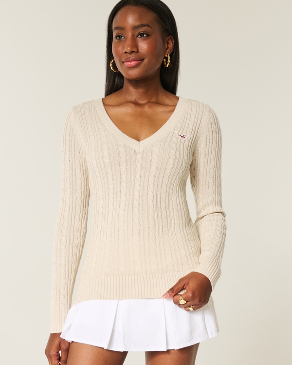 Cable-Knit Icon V-Neck Sweater, Oatmeal view 1
