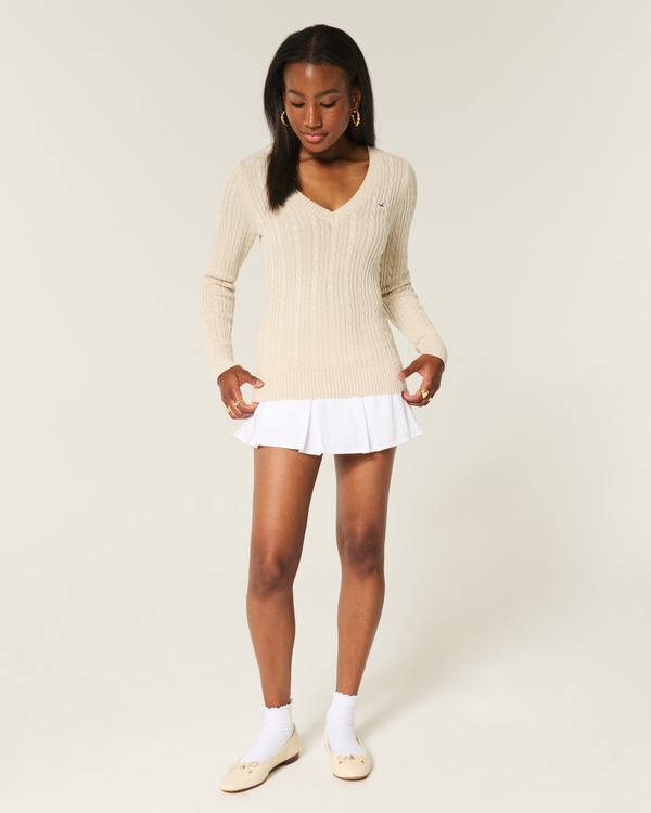 Cable-Knit Icon V-Neck Sweater, Oatmeal view 2