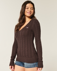Zopfstrick-Pullover mit V-Ausschnitt und Symbol