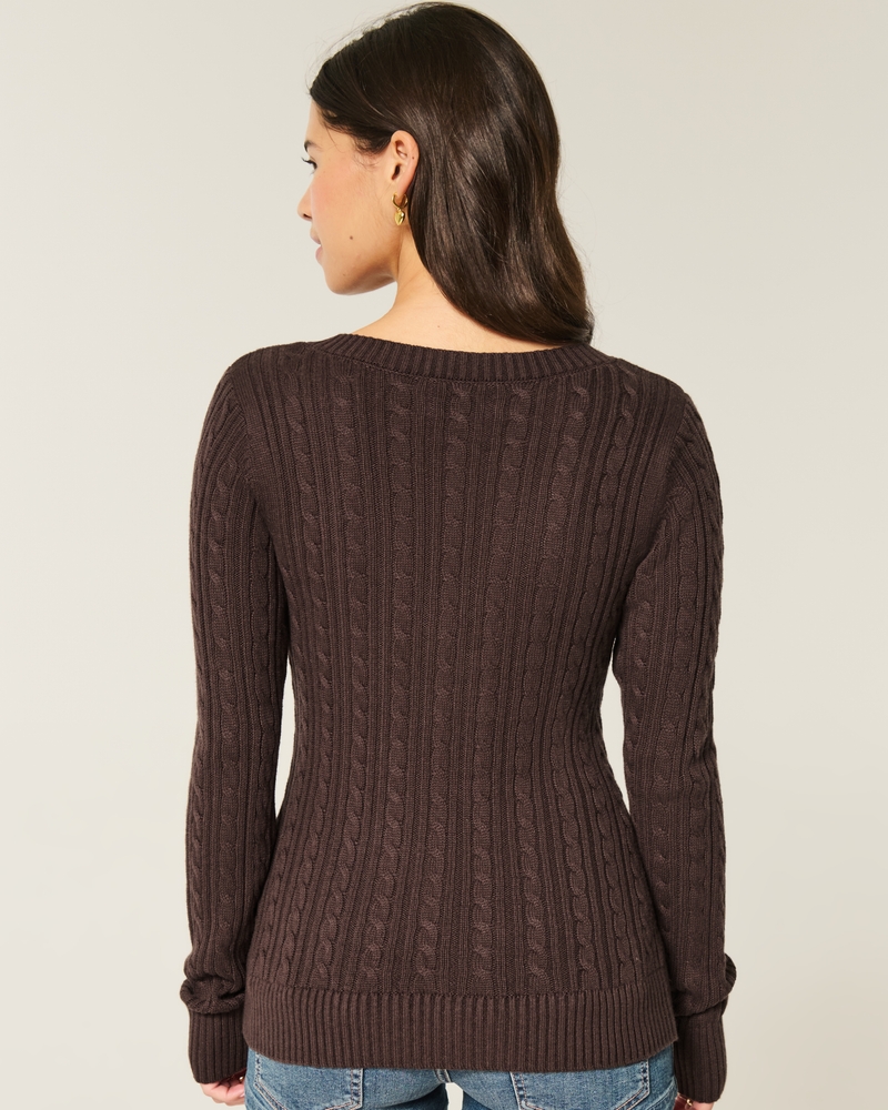 Zopfstrick-Pullover mit V-Ausschnitt und Symbol