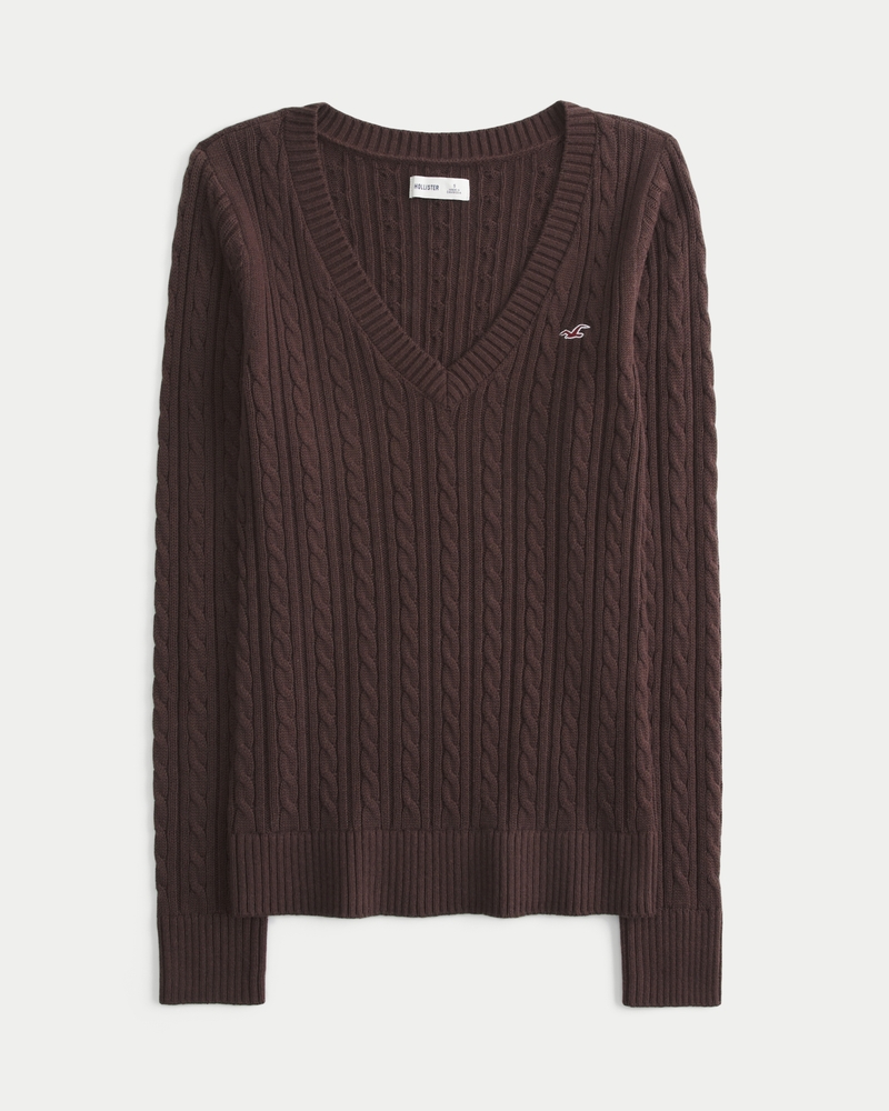 Zopfstrick-Pullover mit V-Ausschnitt und Symbol