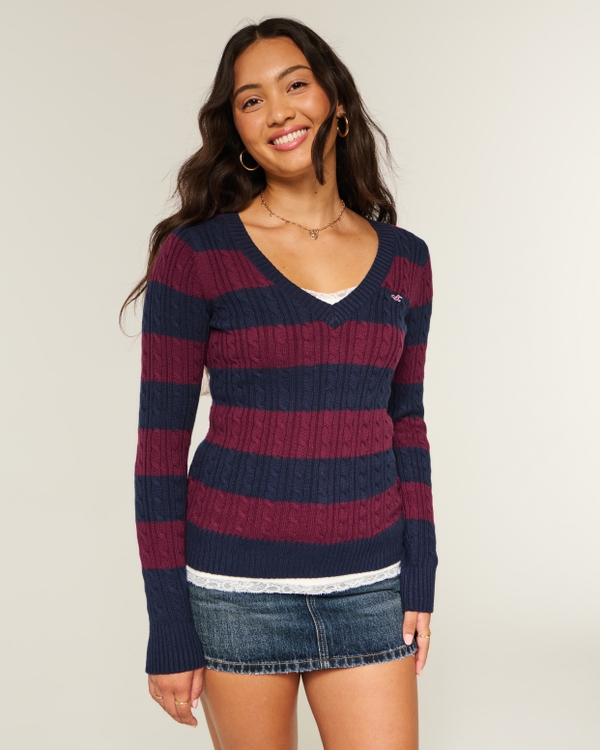 Cable-Knit V-Neck Icon Sweater, Mulberry Stripe view 1