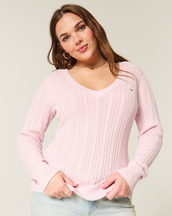Cable-Knit Icon V-Neck Sweater, Light Lilac view 1