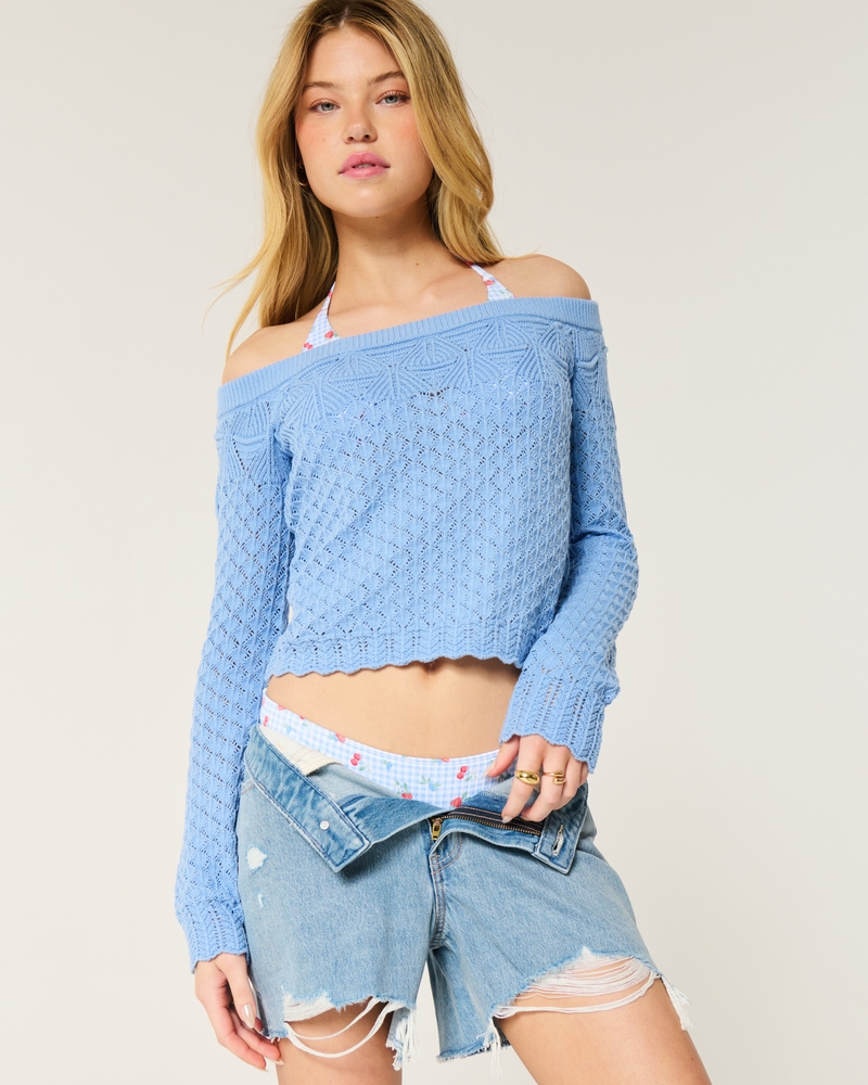Denim Hollister Smocked Off The Shoulder Top Women's Stitchy