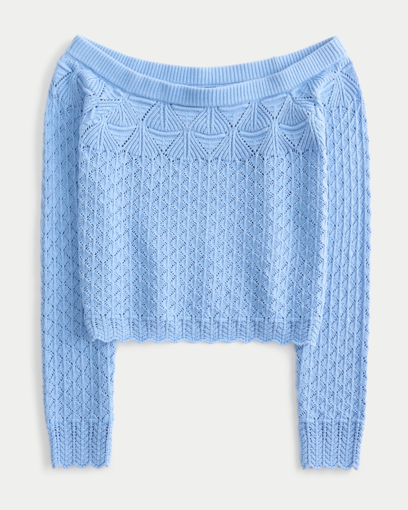 Dusty Blue Cropped Jumper Off Shoulder One Shoulder Long Sleeve