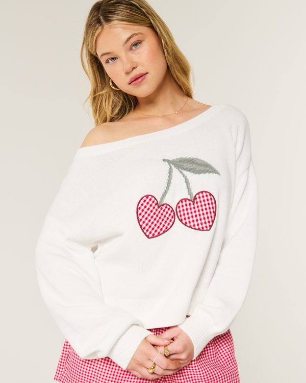 Suéter con gráfico de corazón y hombros descubiertos easy fit, Blanco view 1