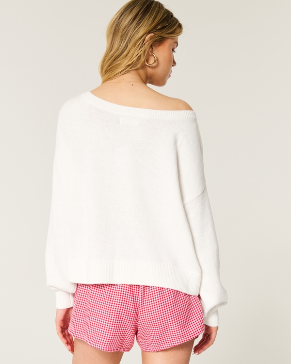 Suéter con gráfico de corazón y hombros descubiertos easy fit, Blanco view 2