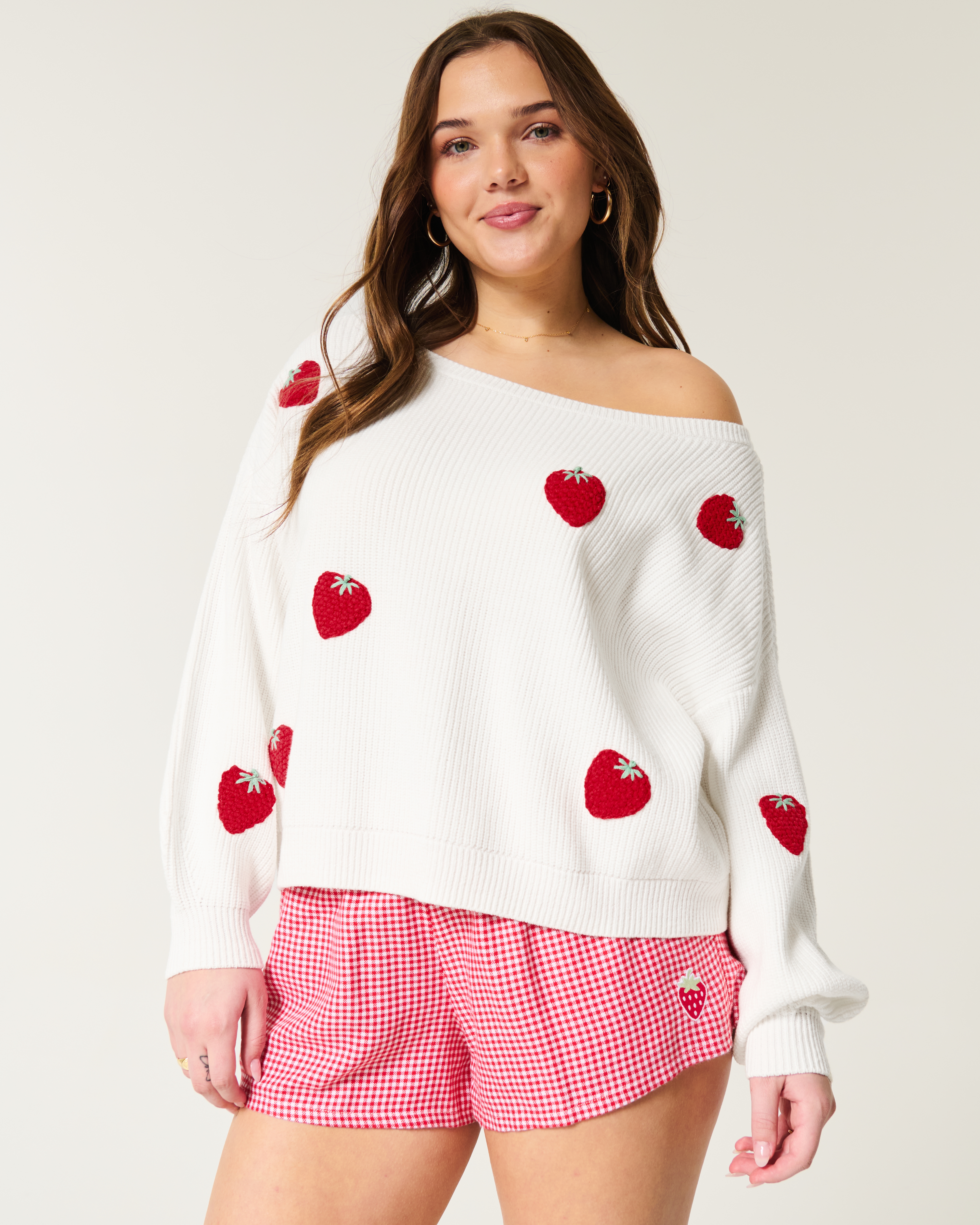 Easy Berry Graphic Off-the-Shoulder Sweater