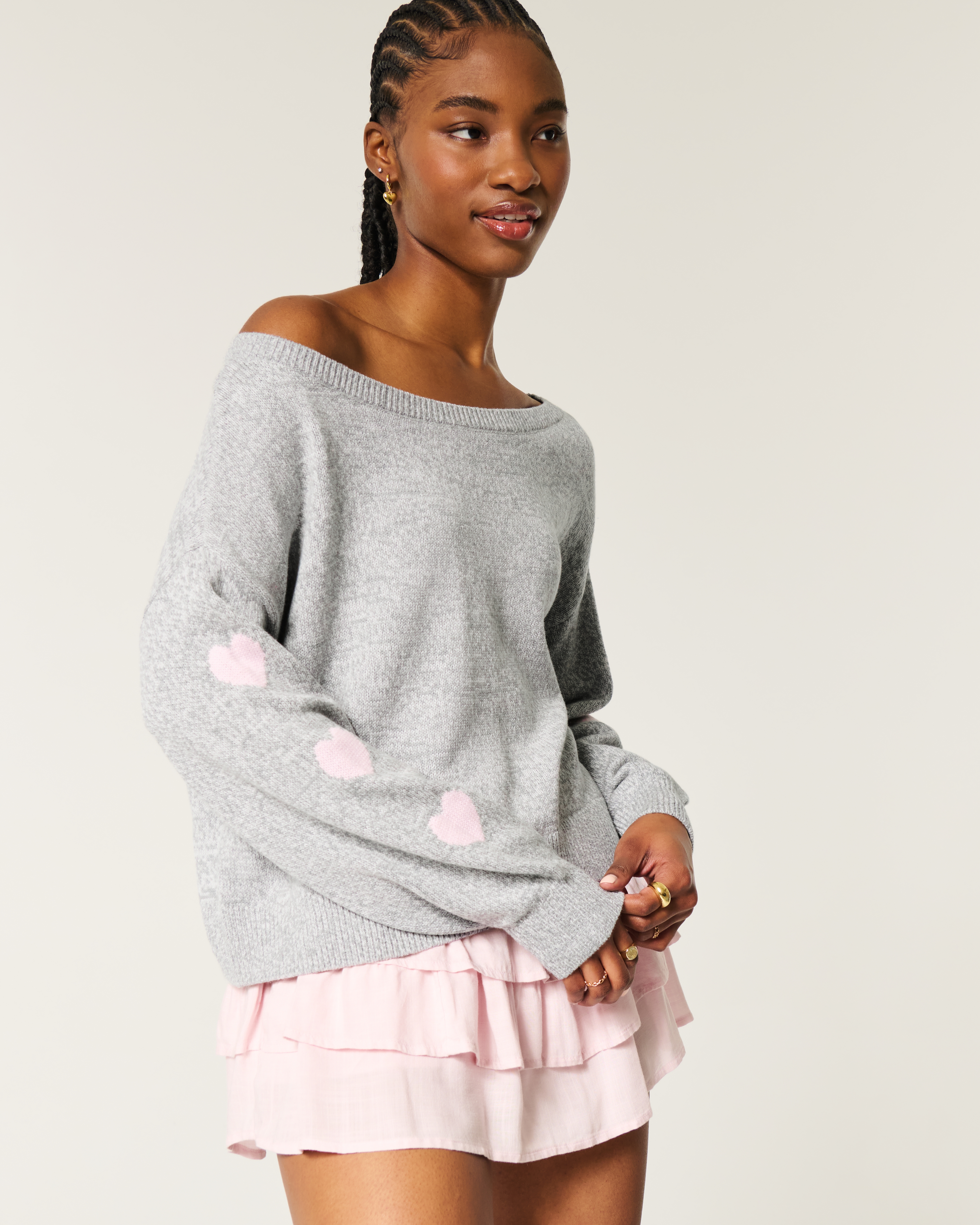Easy Heart Graphic Off-the-Shoulder Sweater