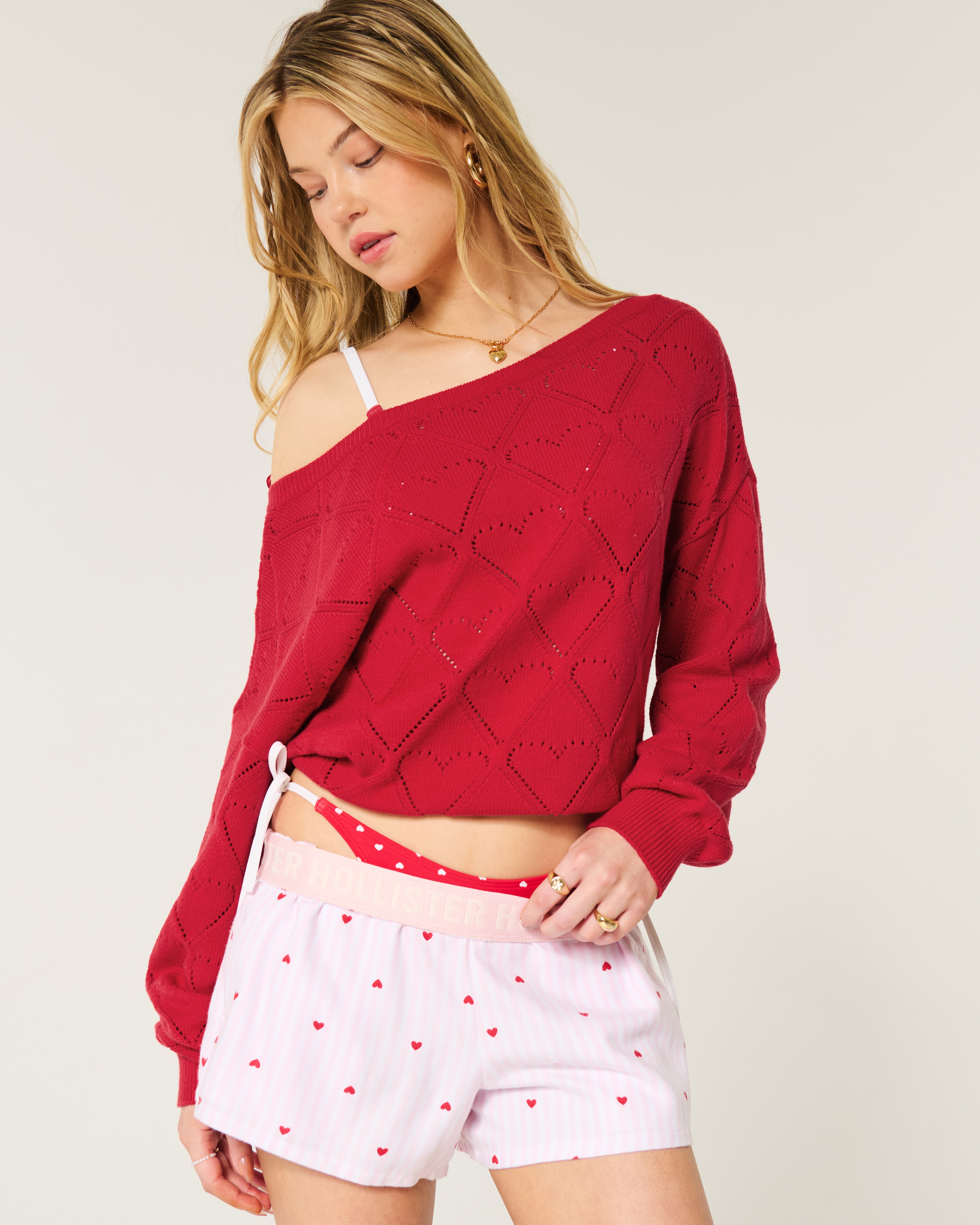 Easy Heart Pattern Off-the-Shoulder Sweater
