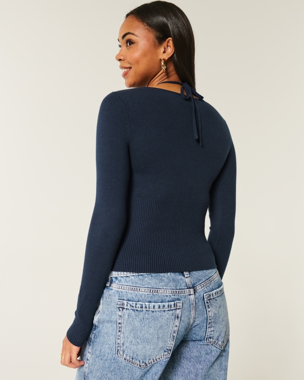 Long-Sleeve Halter Tie Sweater, Navy Blue view 2